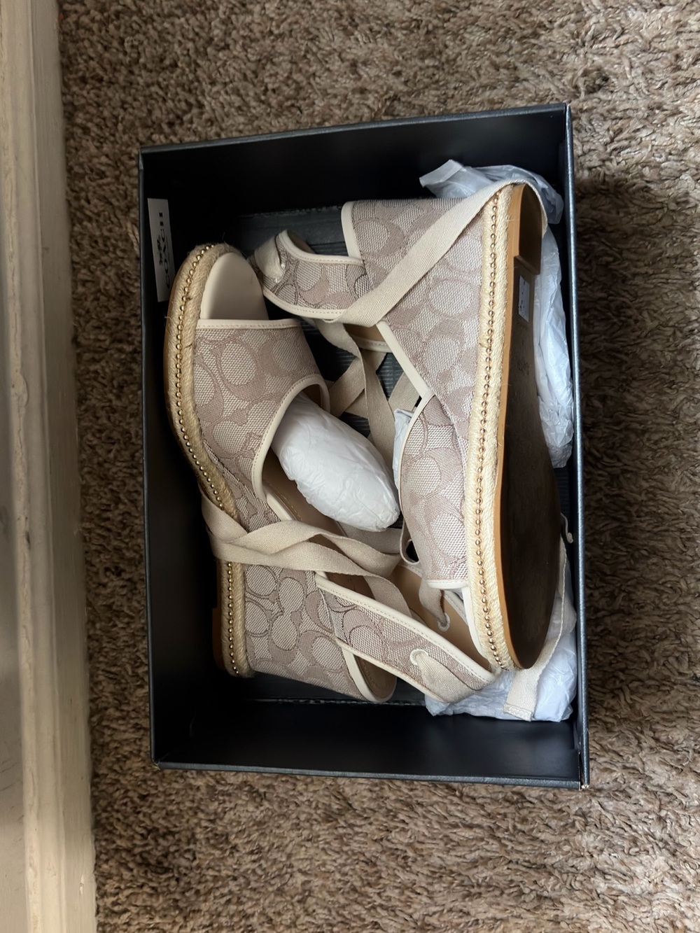 Coach Beige Signature Canvas Espadrille Wedges with Ankle Tie